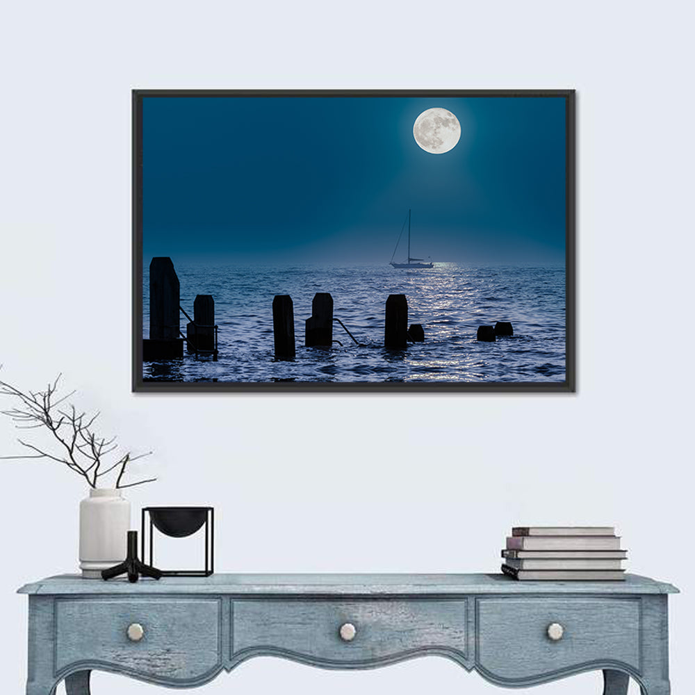 Moonlit Sailboat with Wooden Pylons Wall Art in a room, landscape