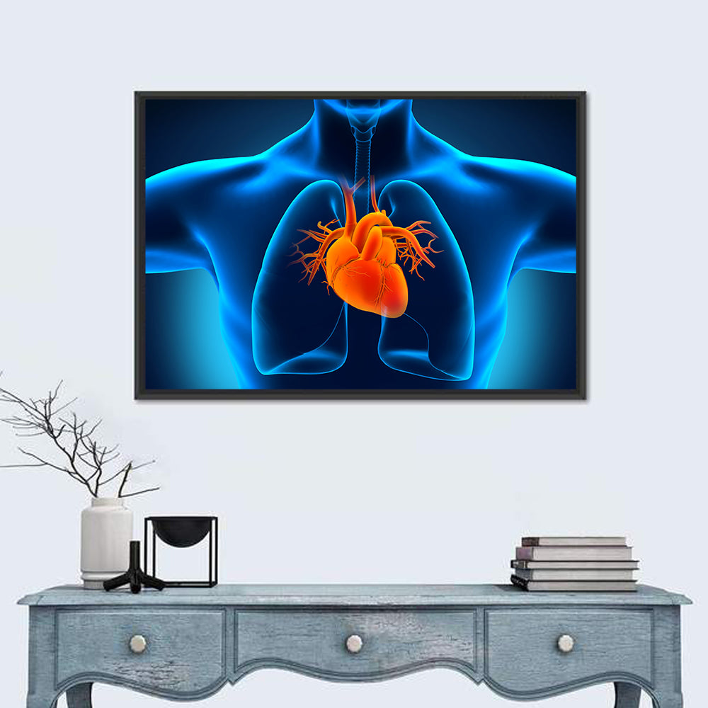 Glowing Heart Anatomy Illustration Wall Art in a room, landscape