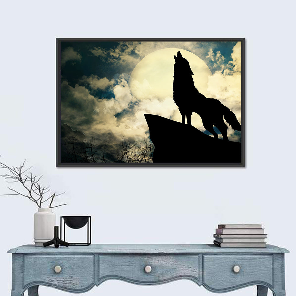 Howling Wolf Silhouette Against Full Moon Wall Art
