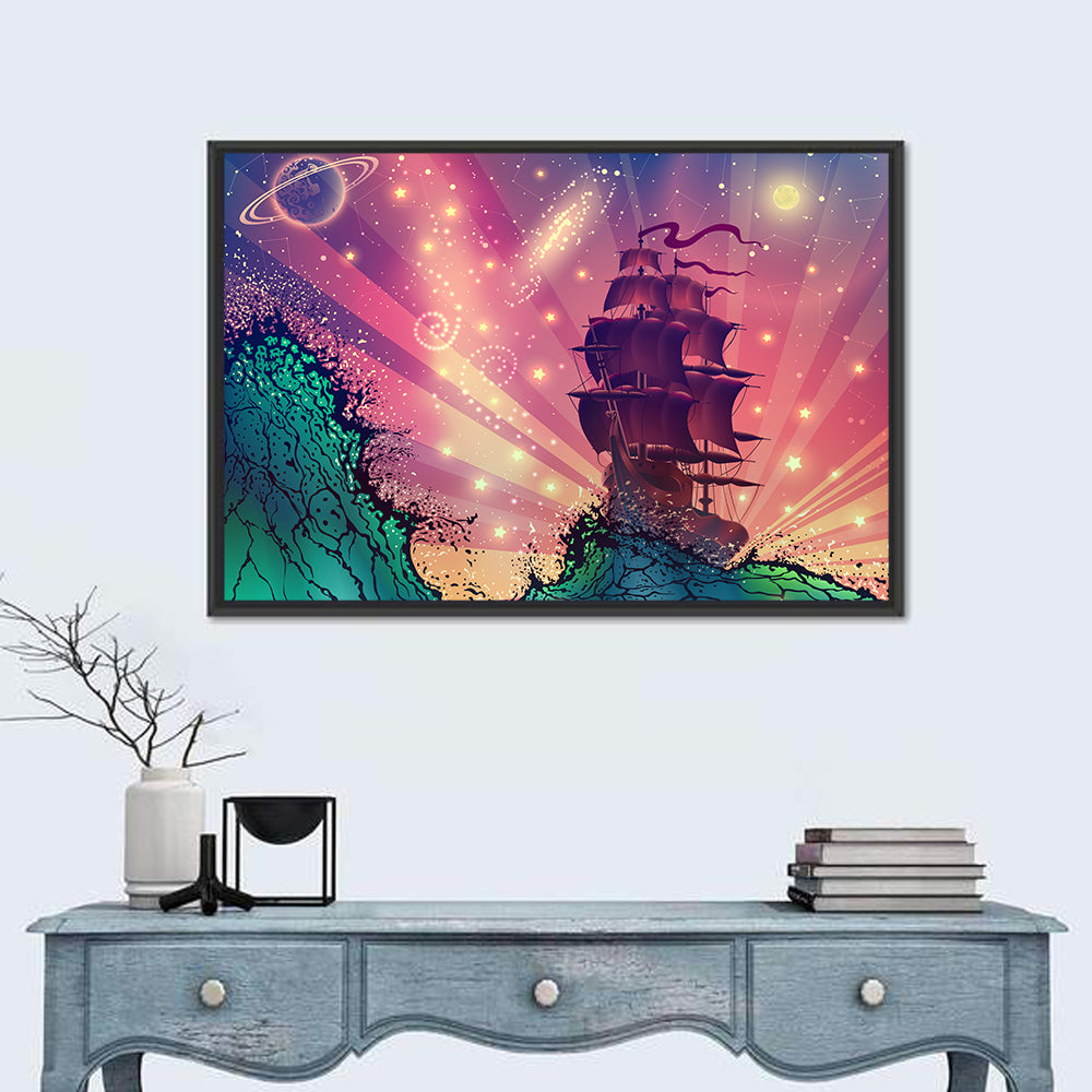 Tall Ship on Cosmic Waves Wall Art in a room, landscape