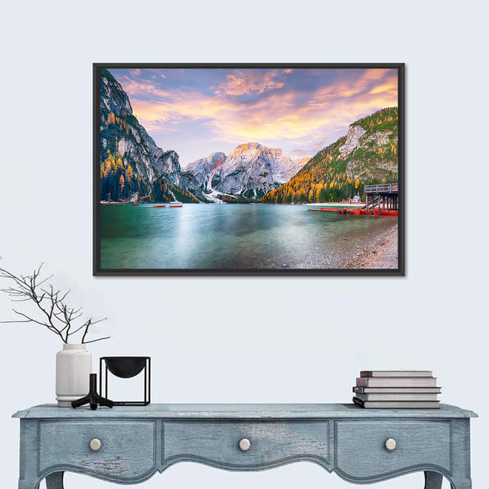 Lago Di Braies Golden Hour Wall Art in a room, landscape