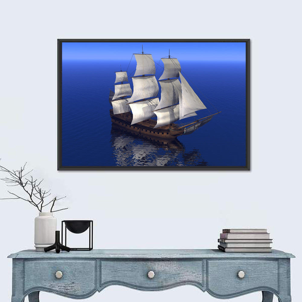 Three-masted Sailing Ship at Sea Wall Art in a room, landscape
