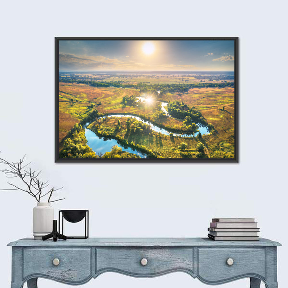 Meandering River at Summer Sunrise Wall Art in a room, landscape