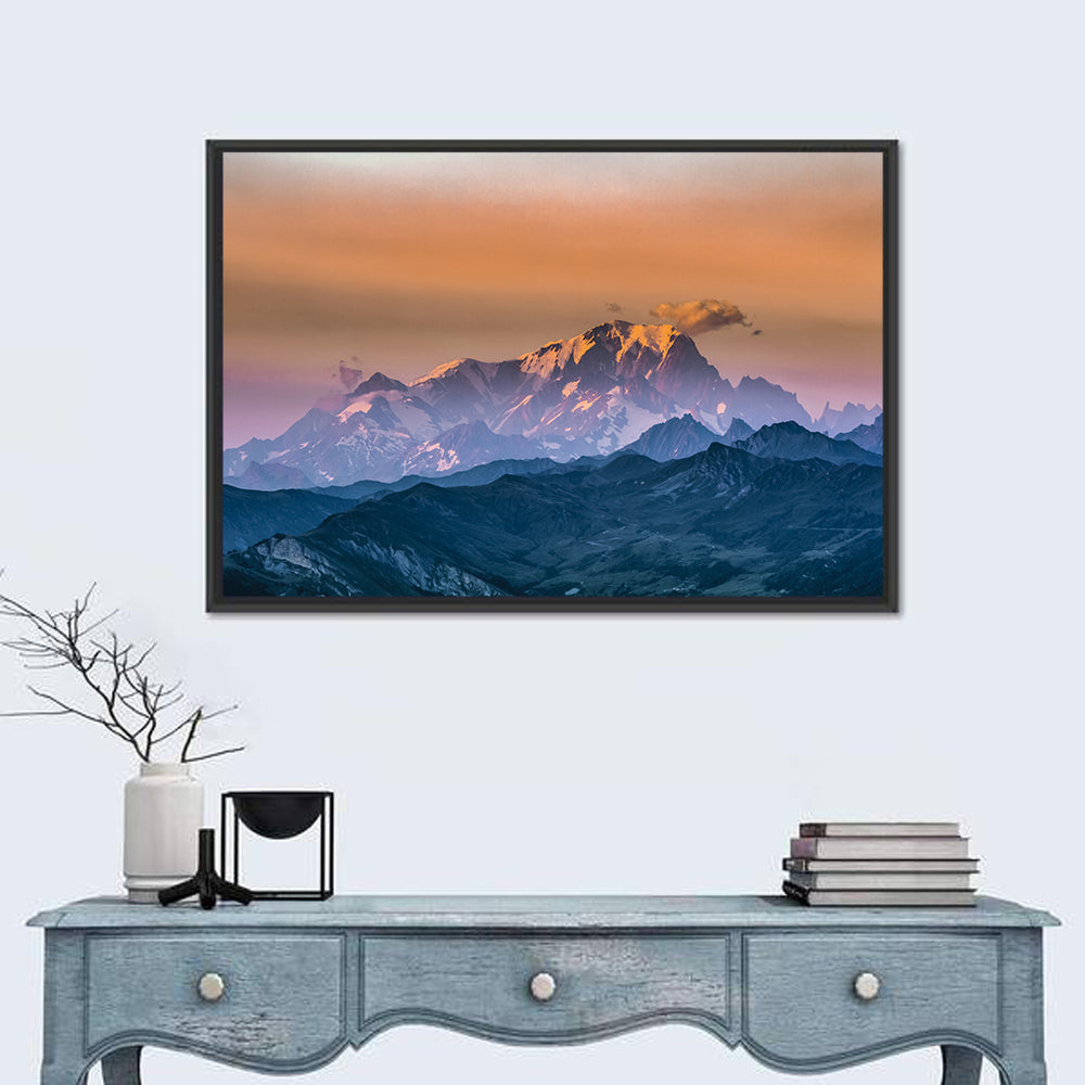 Mont Blanc Alpenglow Sunset Wall Art in a room, landscape