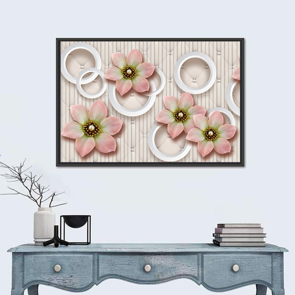 3d Pink Floral Circles Wall Art in a room, landscape