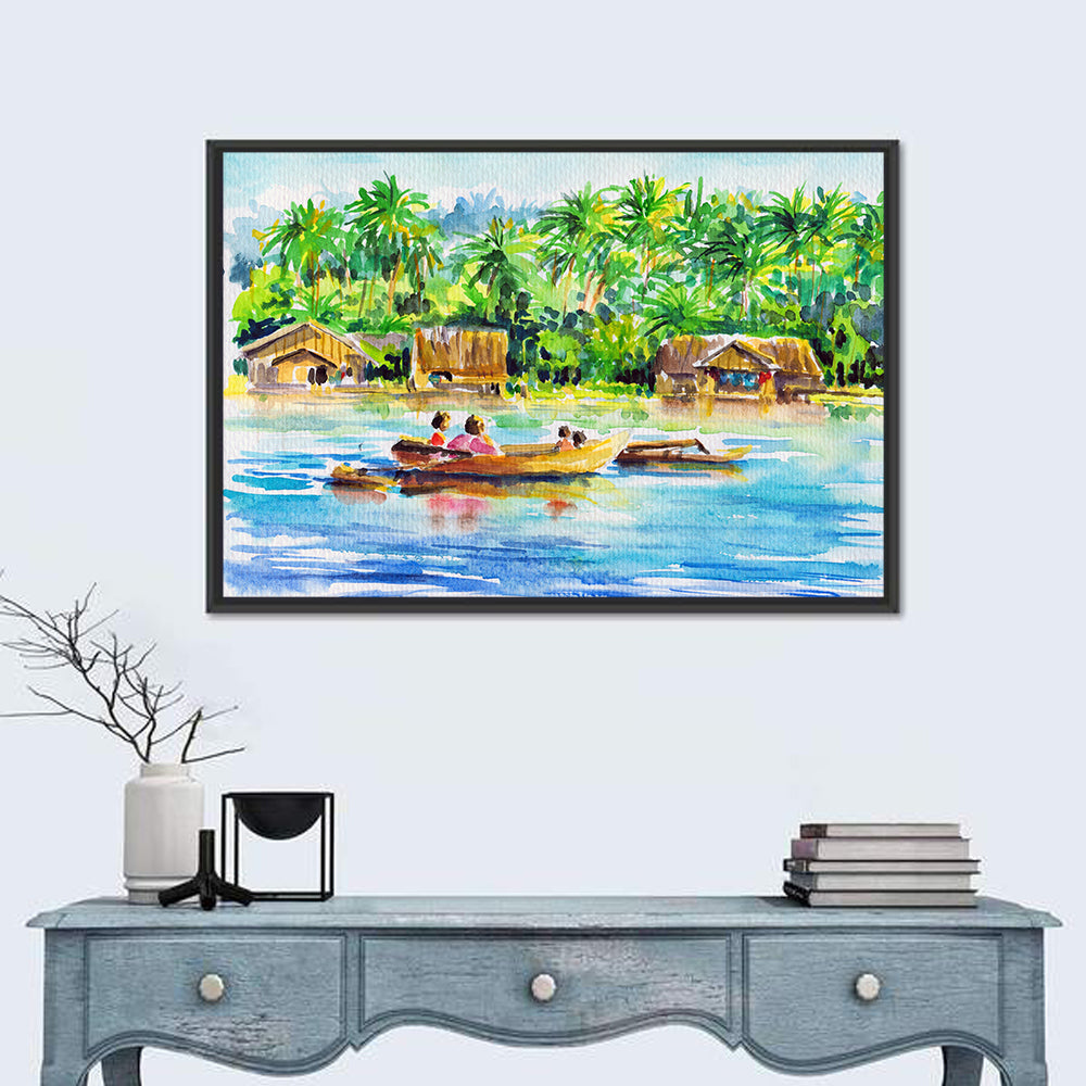 Boat in Tropical Village Wall Art in a room, landscape