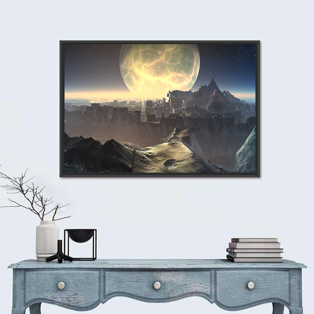 Moonlit Alien City Ruins Wall Art in a room, landscape