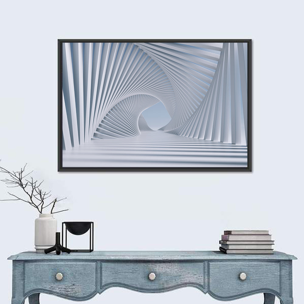 3d White Spiral Tunnel Wall Art in a room, landscape