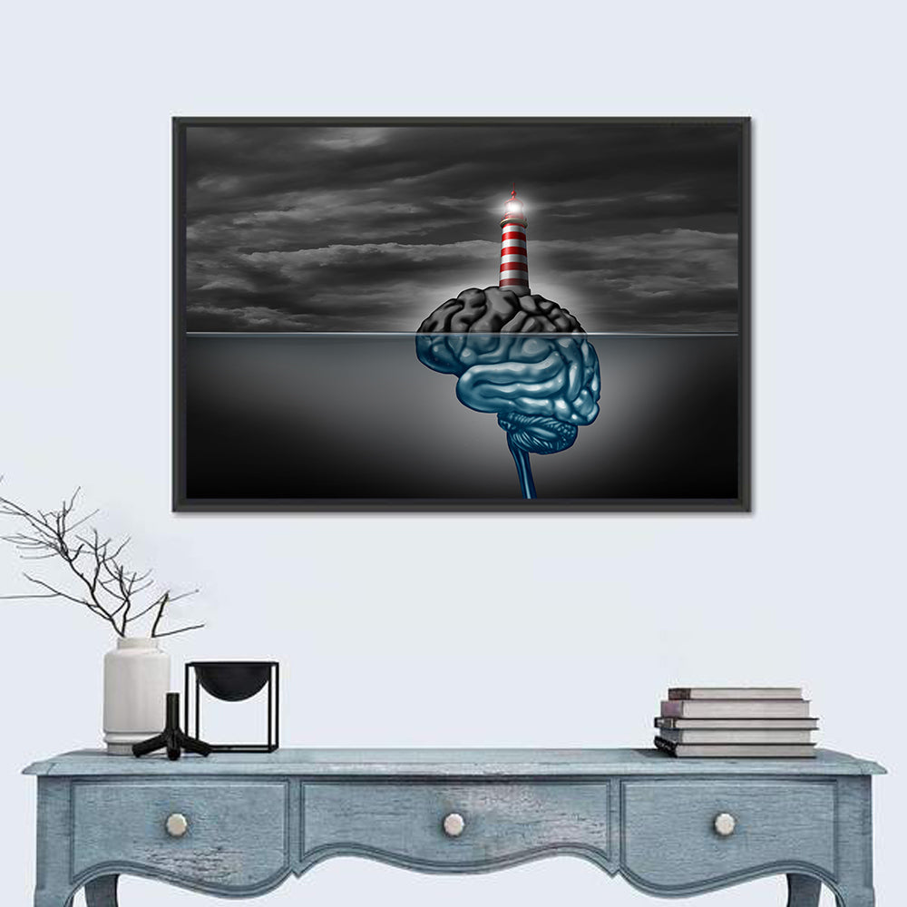 Surreal Brain Lighthouse Wall Art in a room, landscape