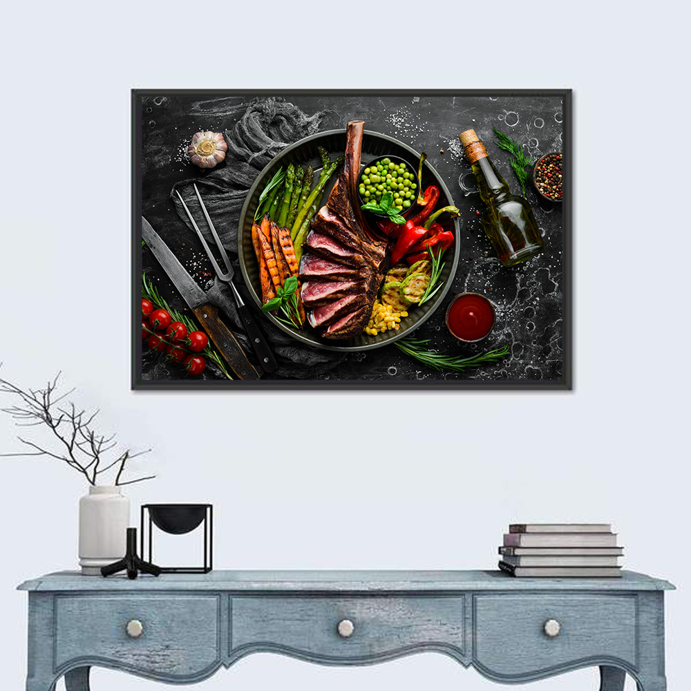 Tomahawk Steak in Cast Iron Pan Wall Art in a room, landscape
