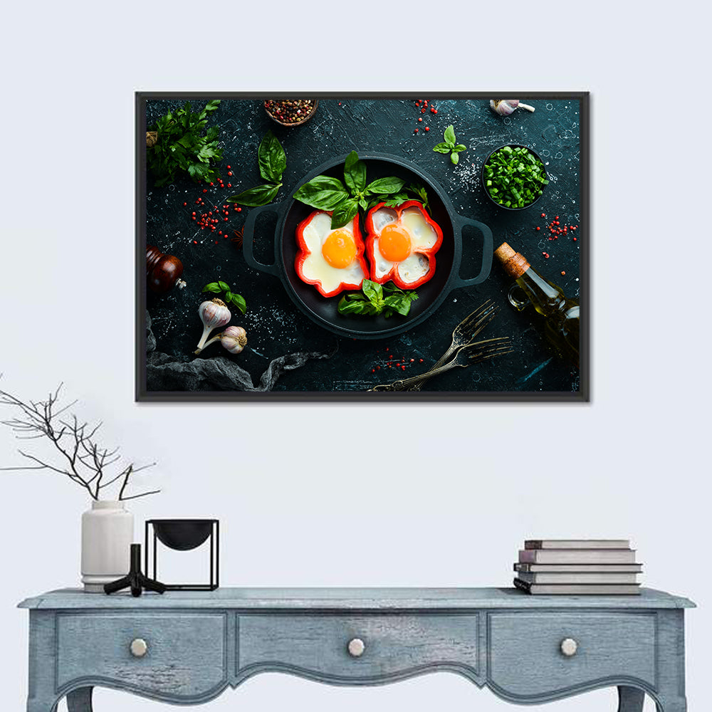 Cast Iron Fried Eggs with Sweet Pepper Wall Art in a room, landscape