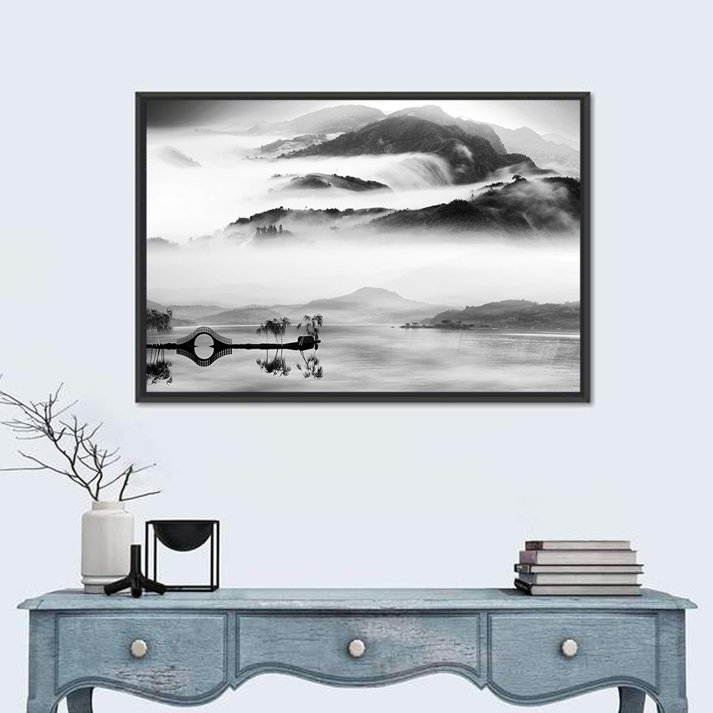 Misty Chinese Lake with Bridge Wall Art