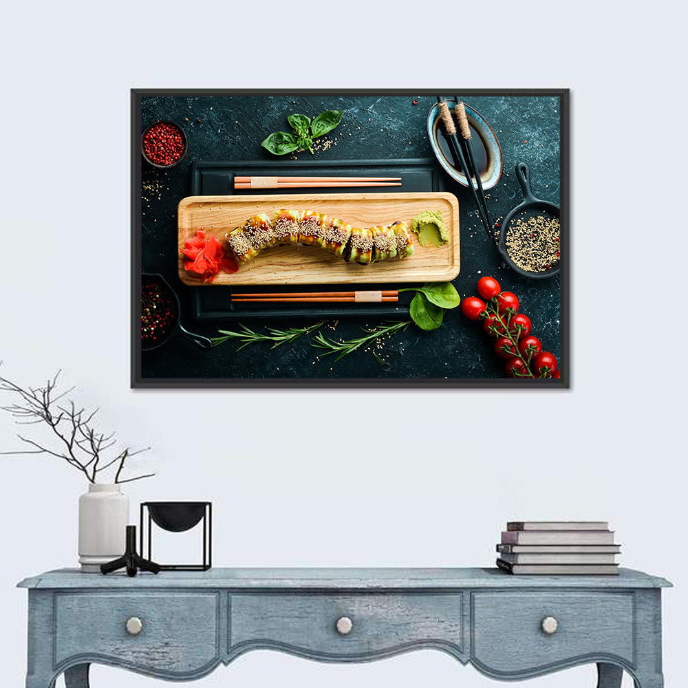 Top-down Sushi Roll with Chopsticks Wall Art in a room, landscape