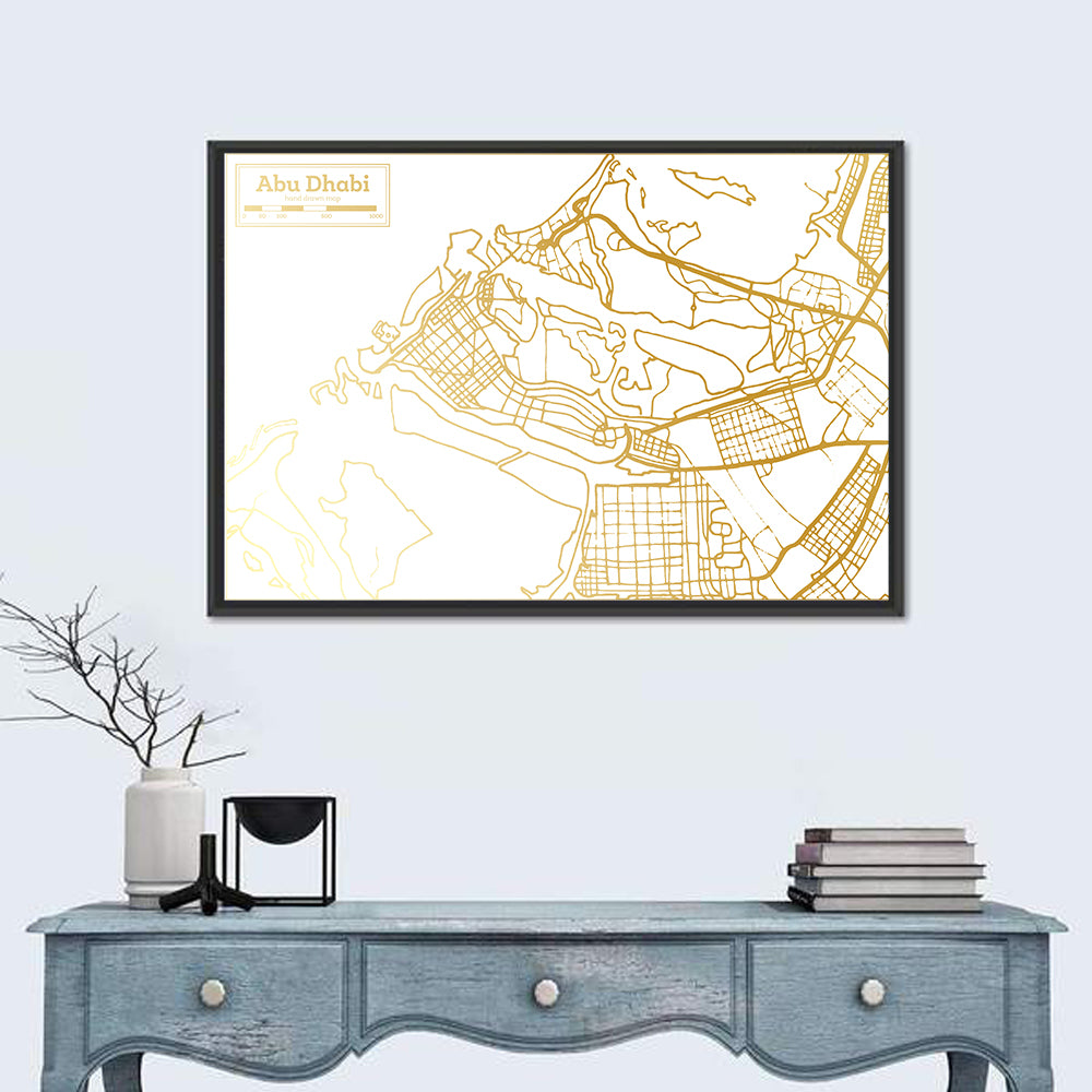 Abu Dhabi Gold Line Map Wall Art in a room, landscape