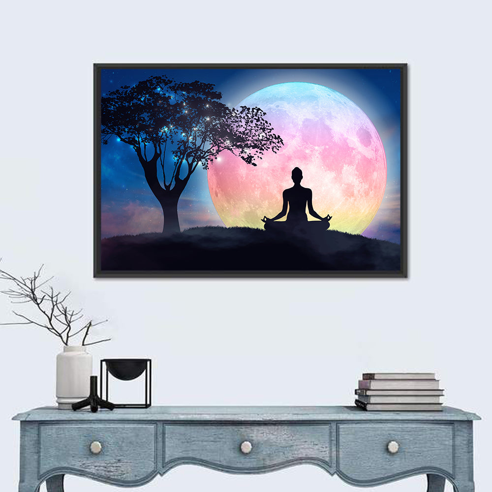 Lotus Pose Moon Silhouette Wall Art in a room, landscape