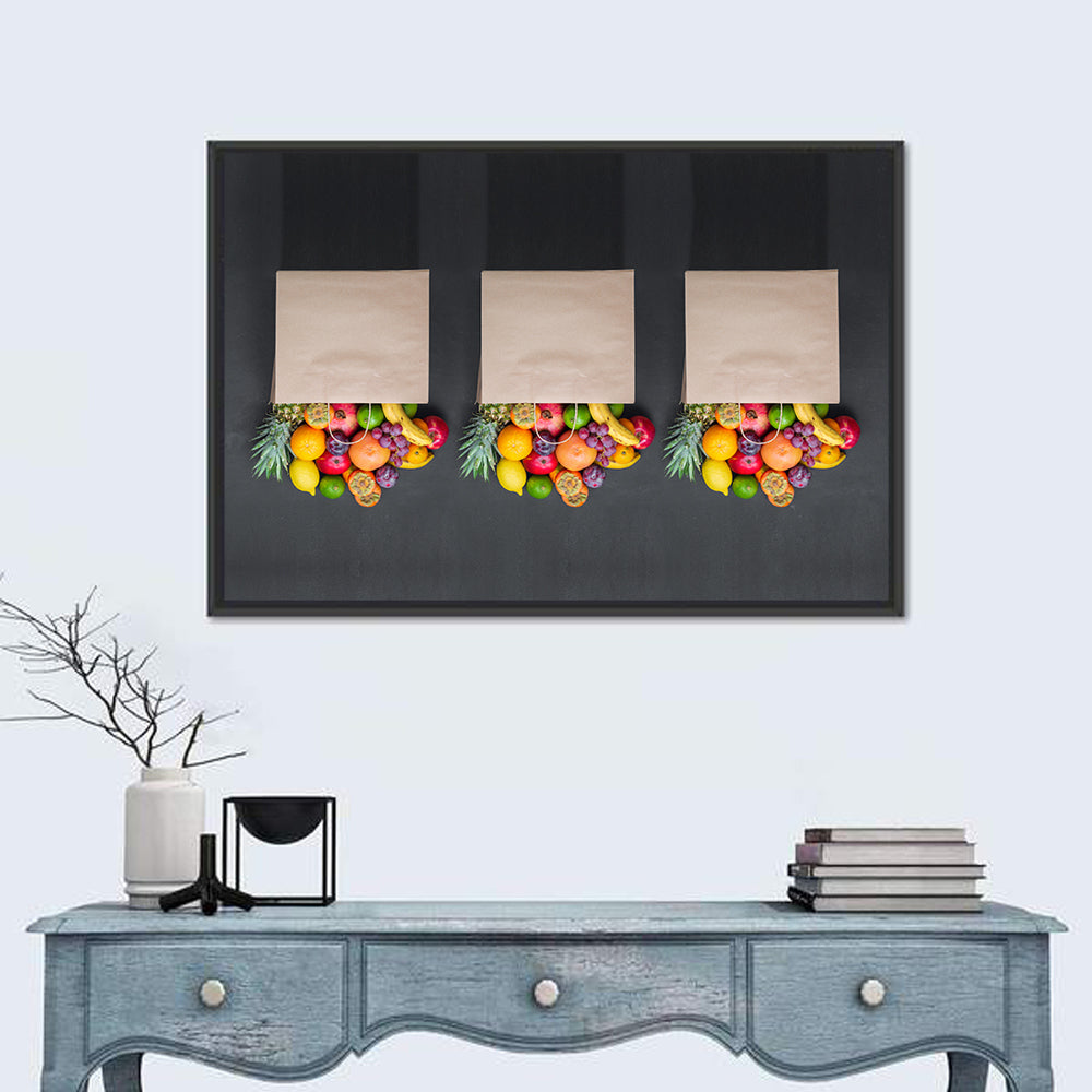 Three Paper Bags of Fruit Wall Art in a room, landscape