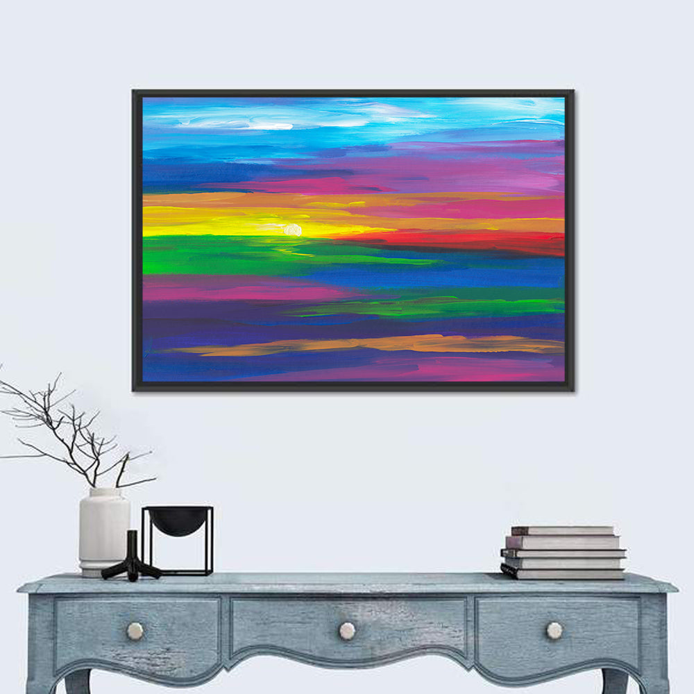 Colorful Abstract Sunset Wall Art in a room, landscape