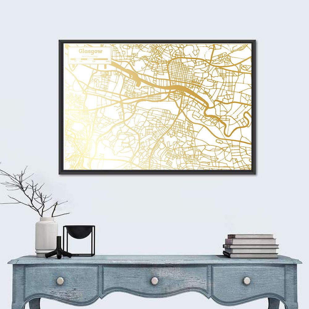 Glasgow Gold Line Map Wall Art in a room, landscape