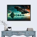 Dusk Battle Spacecraft Over Mountain Lake Wall Art