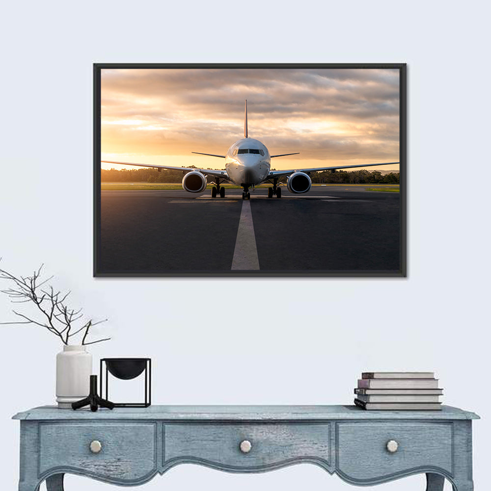Front Facing Airplane on Runway at Sunset Wall Art in a room, landscape