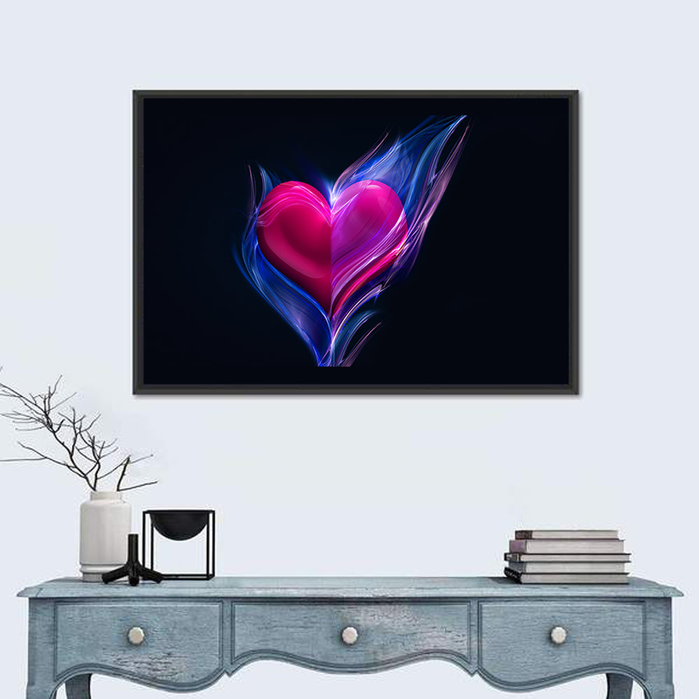 Glowing Pink Heart in Blue Flame Wall Art in a room, landscape