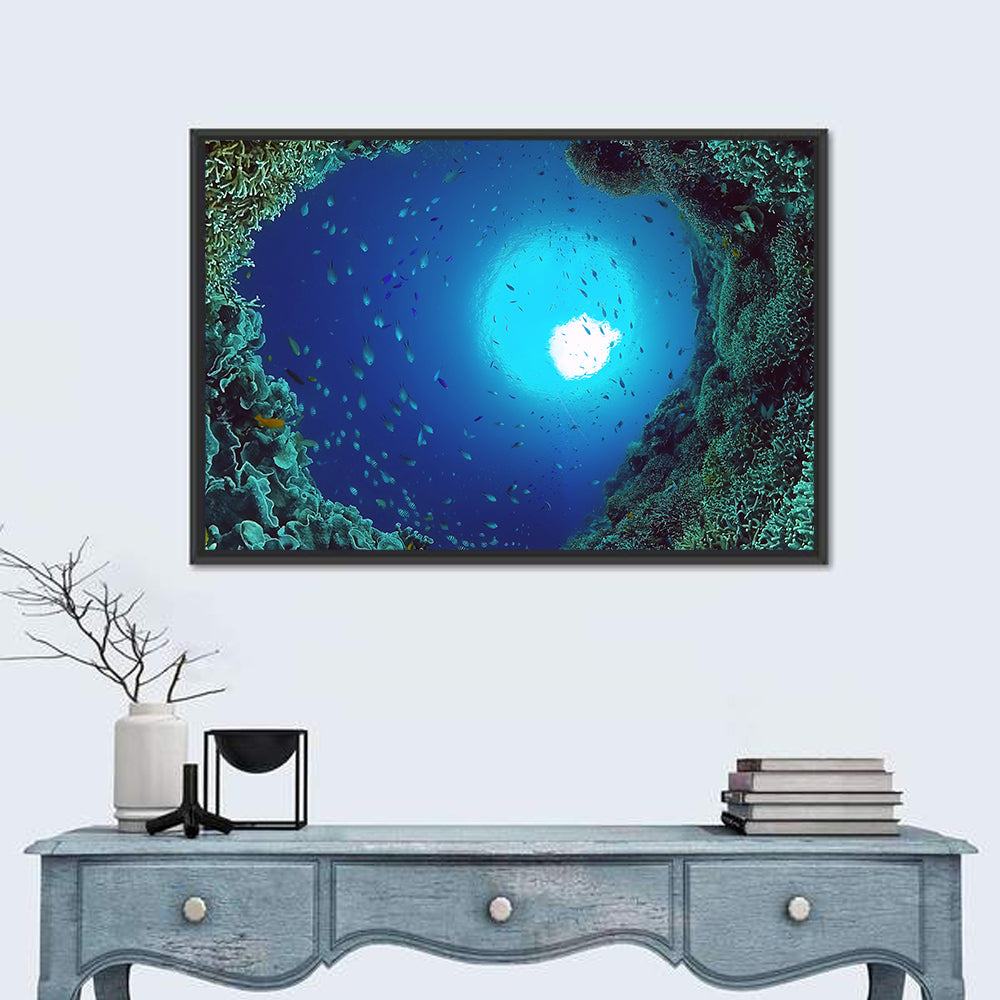 Sunlit Coral Reef with Tropical Fish Wall Art in a room, landscape