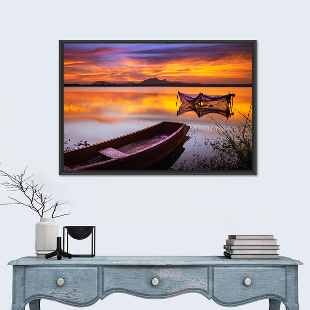 Boat Near Fishing Net at Sunset Wall Art