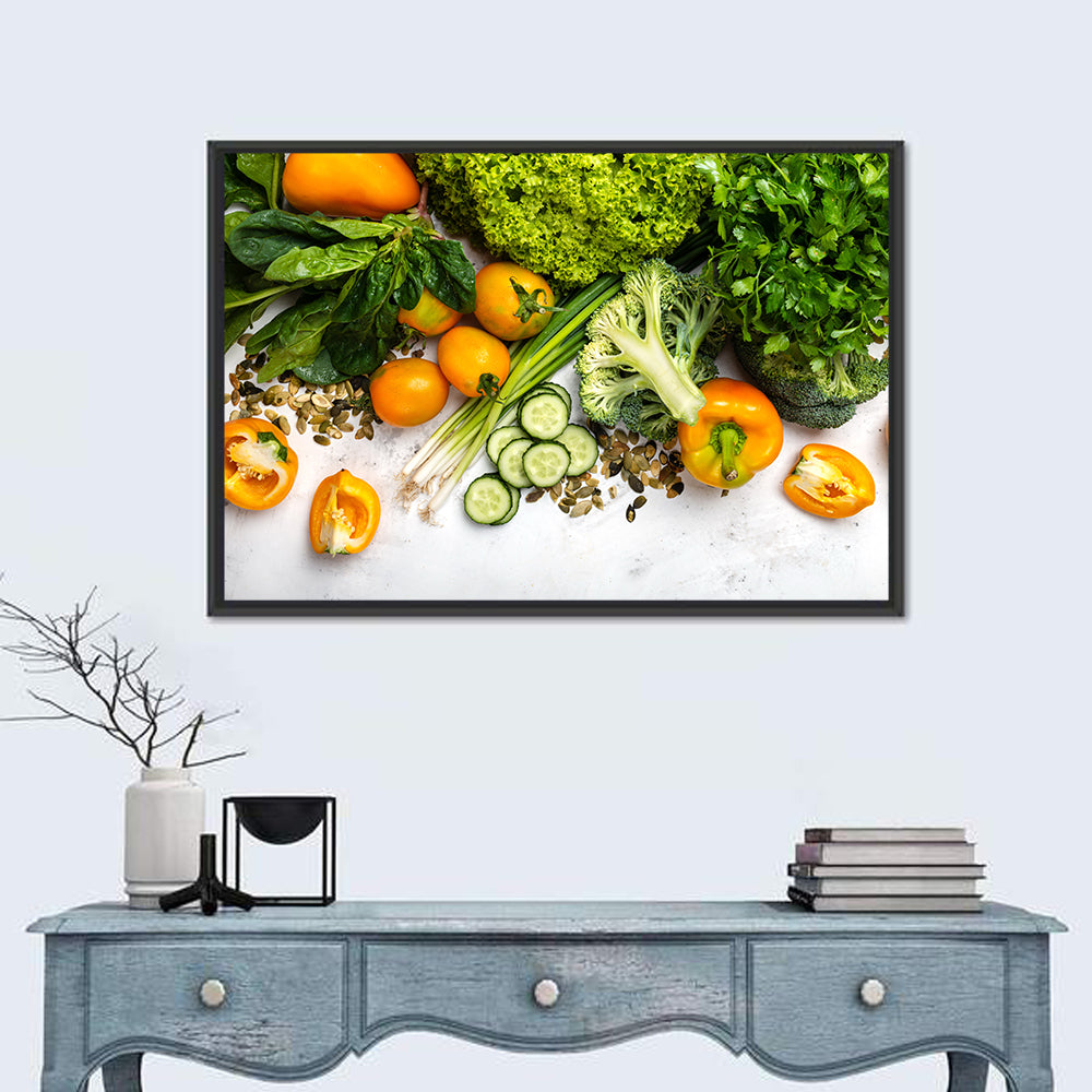Fresh Vegetable Flat Lay Wall Art in a room, landscape