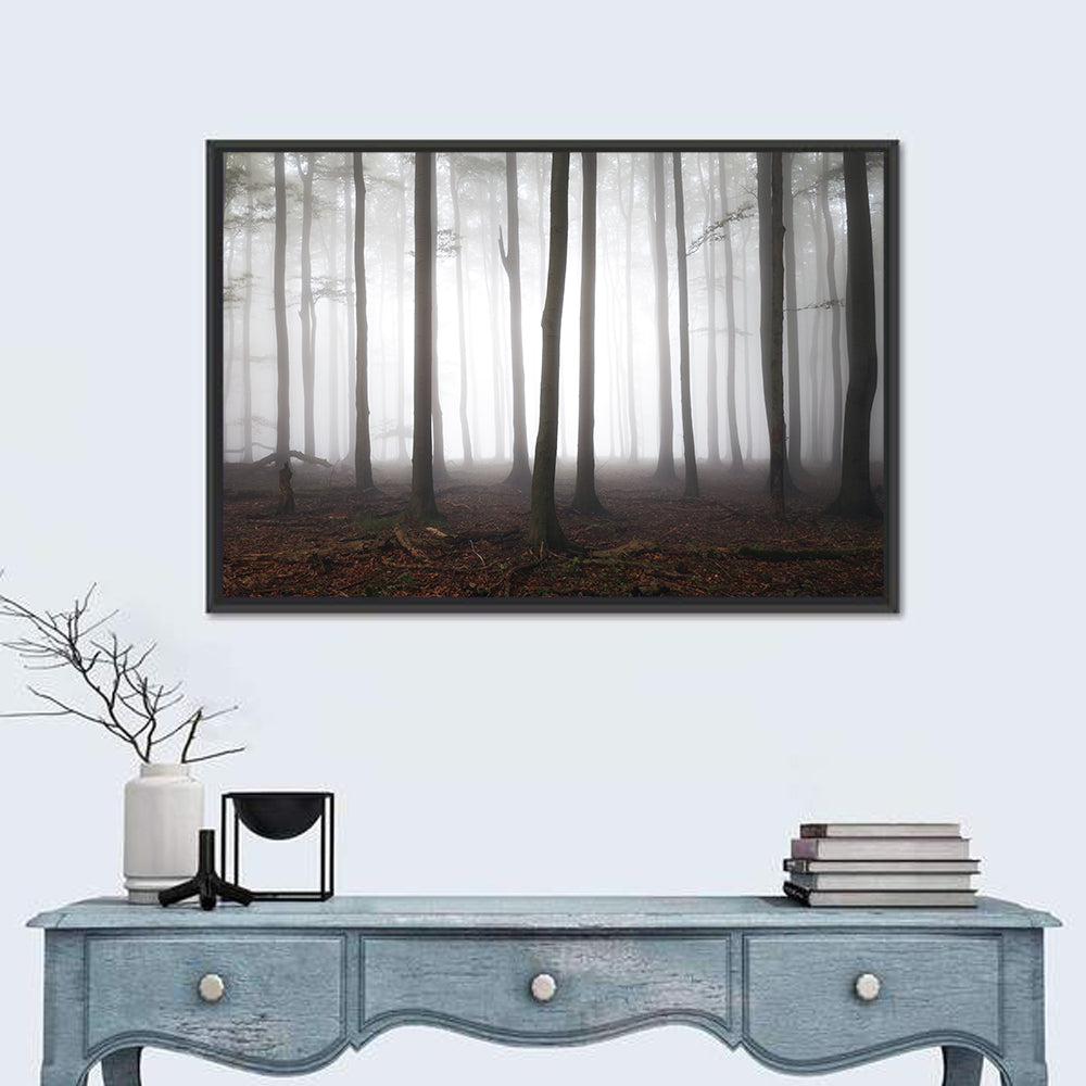 Misty Forest Perspective Wall Art in a room, landscape