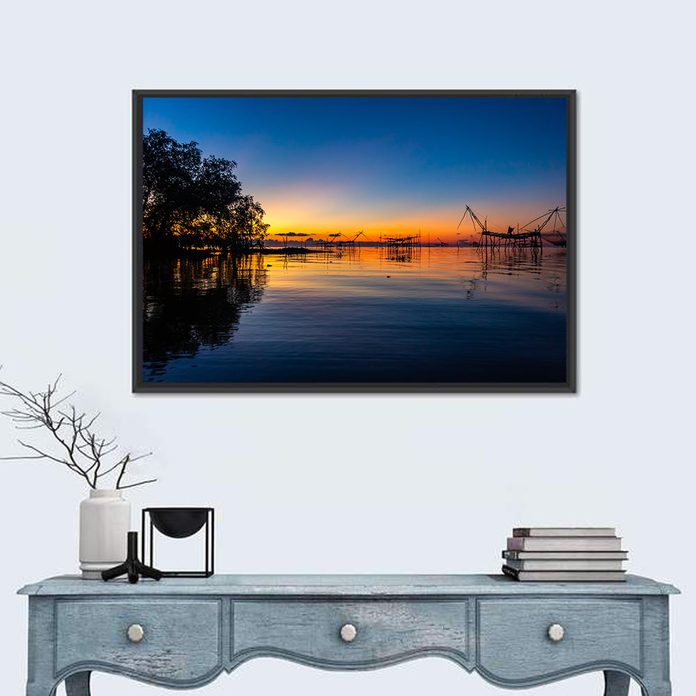 Thai Fishing Nets at Sunrise Wall Art in a room, landscape