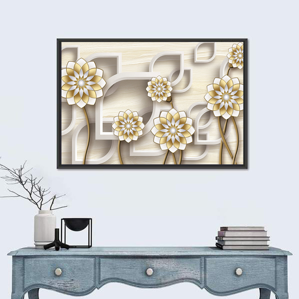 3d Floral Grid with Gold Accents Wall Art in a room, landscape