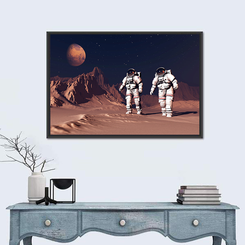 Two Astronauts on Desert Planet Wall Art in a room, landscape