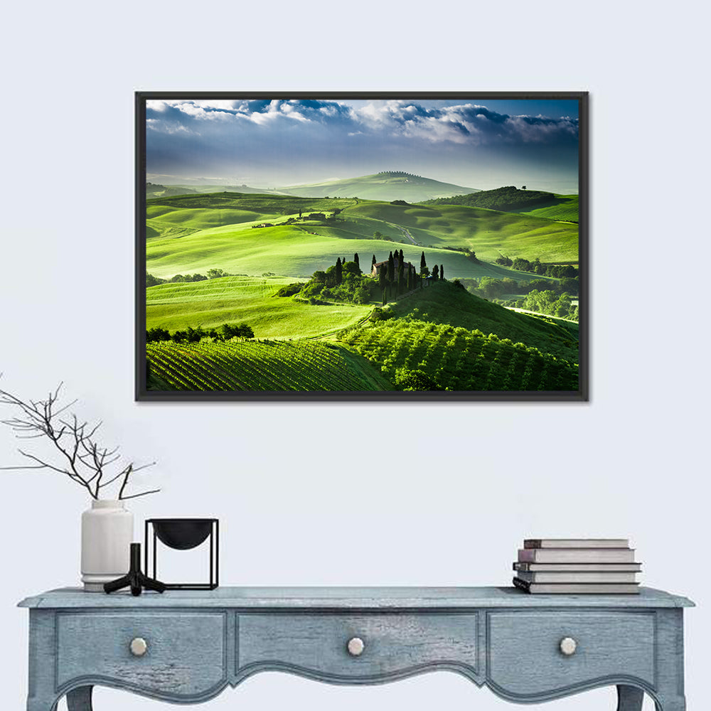 Sunrise Over San Quirico D Orcia Valley Wall Art in a room, landscape