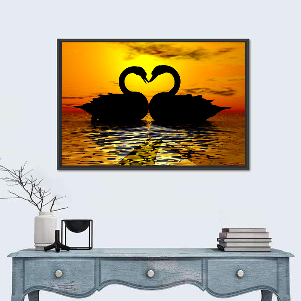 Swans Forming Heart at Sunset Wall Art in a room, landscape