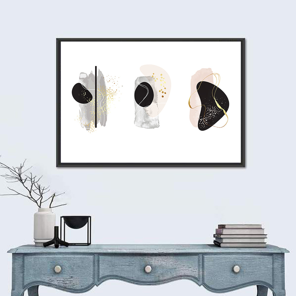 Minimalist Abstract Triptych with Gold Accents Wall Art in a room, landscape