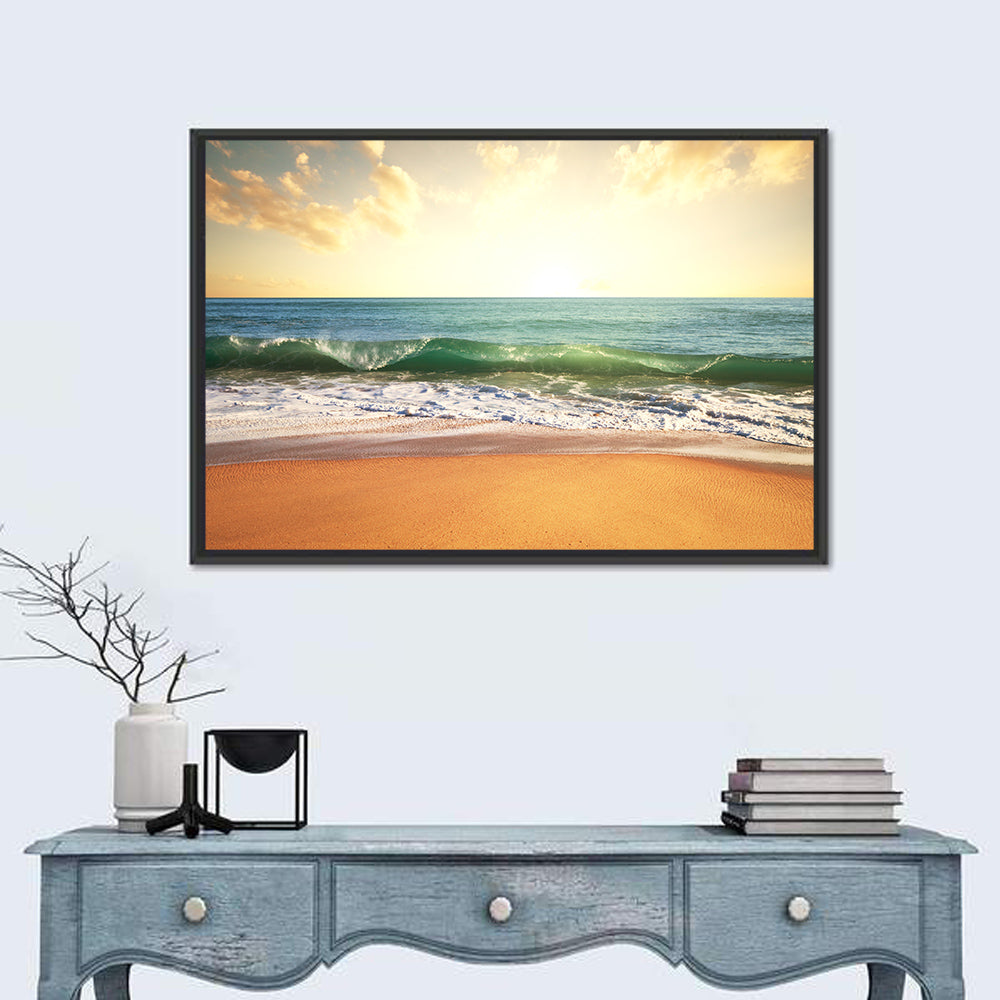 Sunset Over Breaking Wave Wall Art in a room, landscape