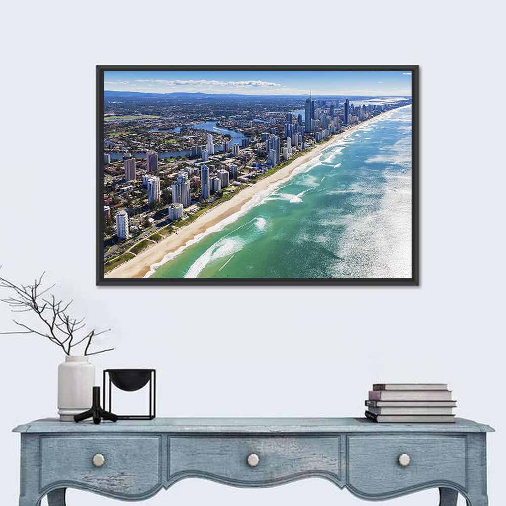Gold Coast Surfers Paradise Skyline Wall Art in a room, landscape