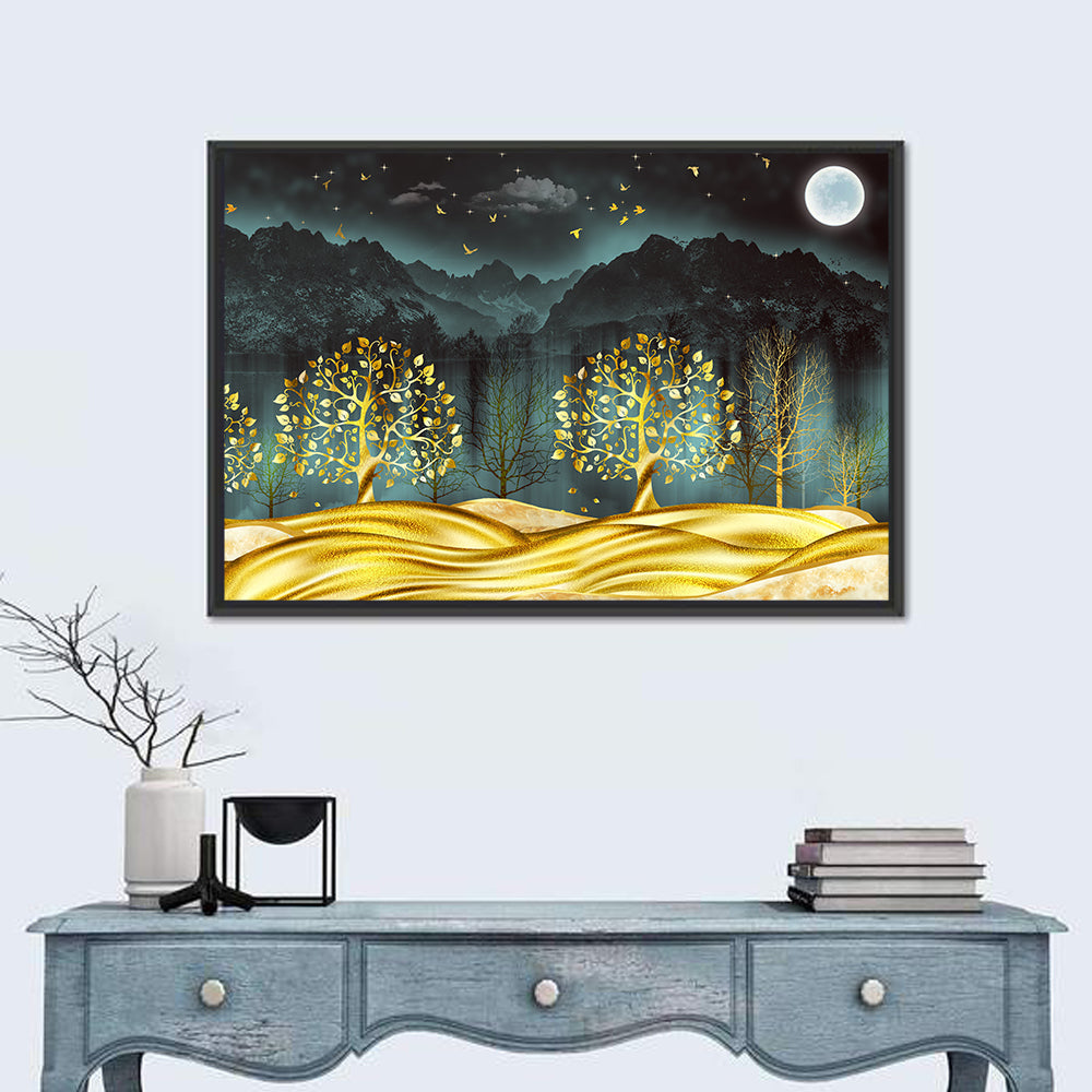 Golden Moon Jungle Landscape Wall Art in a room, landscape