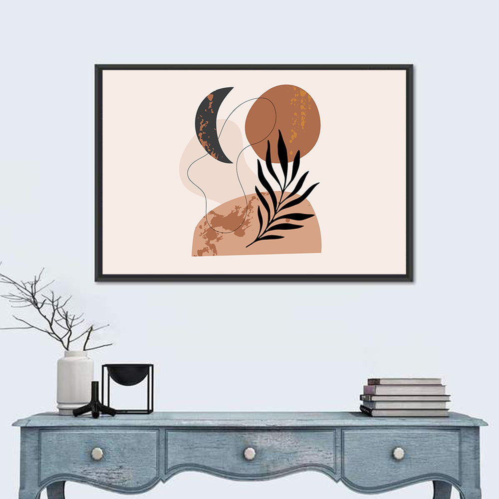 Crescent Moon Botanical Minimalist Wall Art in a room, landscape