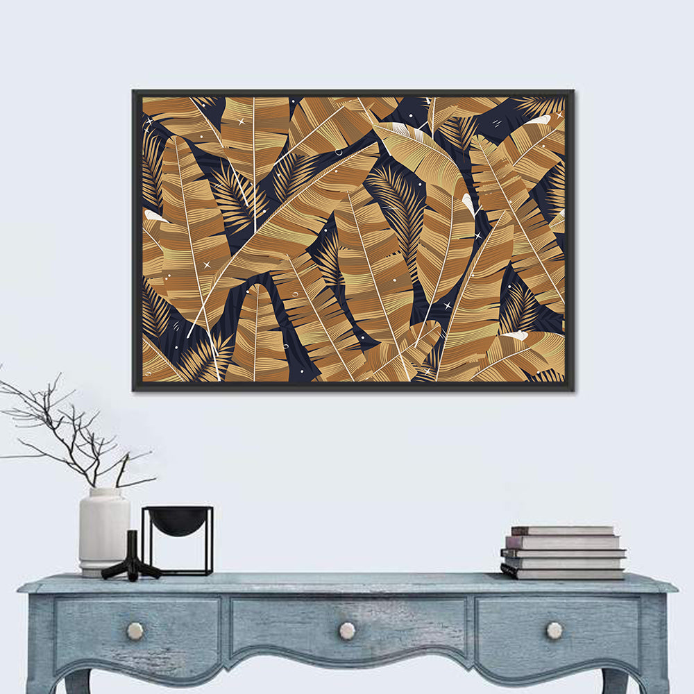 Golden Banana Leaves Pattern Wall Art in a room, landscape