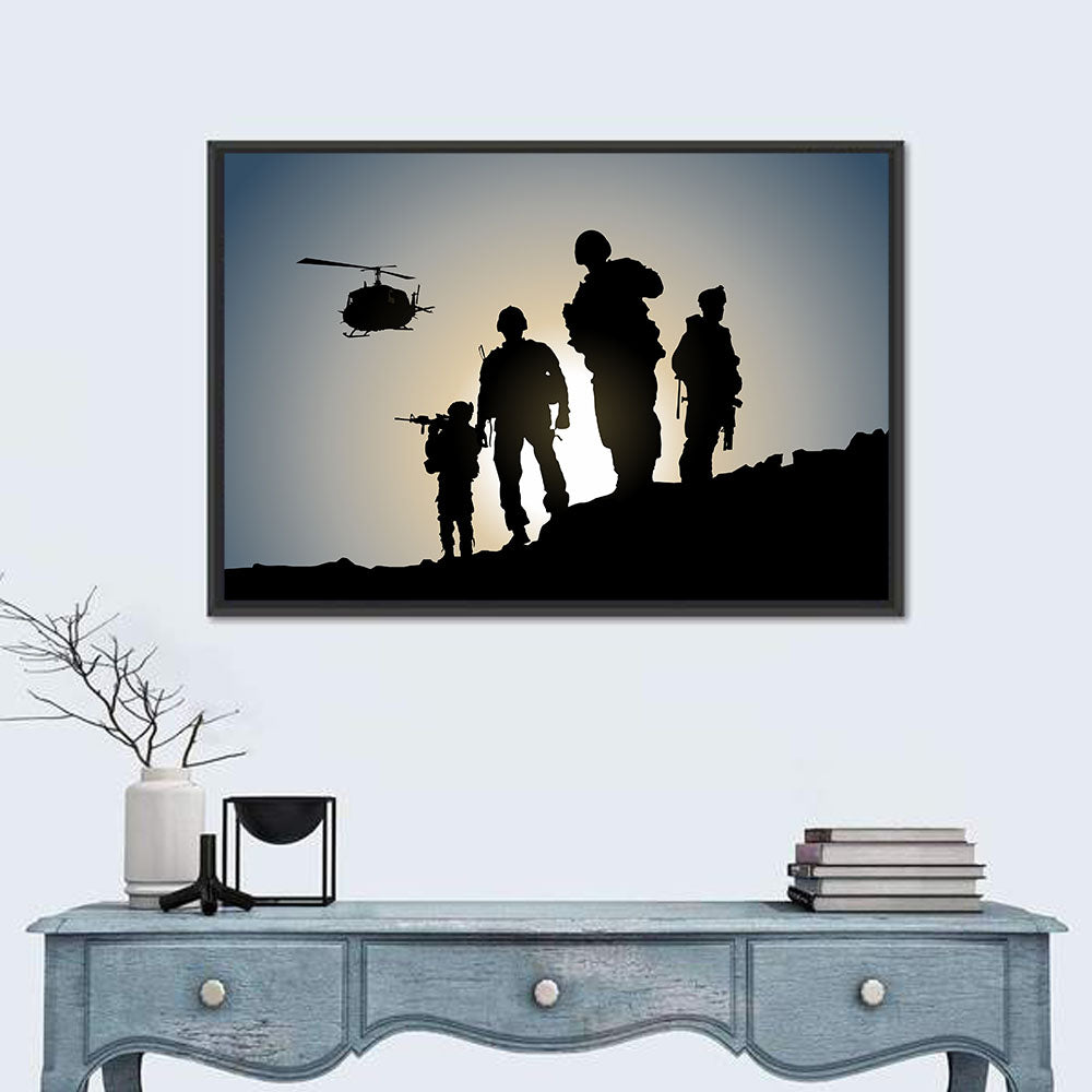Soldiers on Ridge with Helicopter Wall Art in a room, landscape
