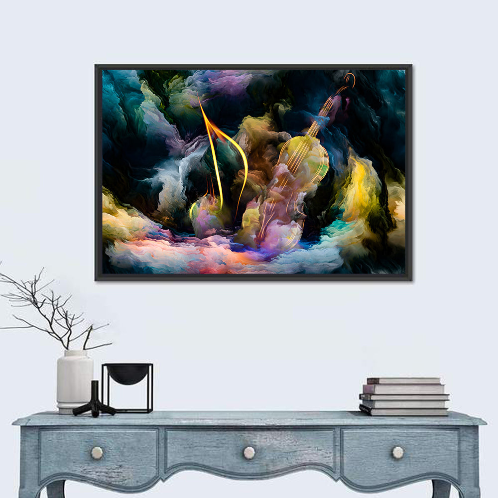 Golden Violin in Blue Nebula Wall Art in a room, landscape