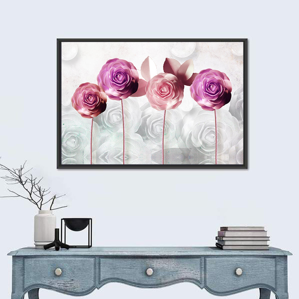 3d Quartet of Roses Wall Art in a room, landscape