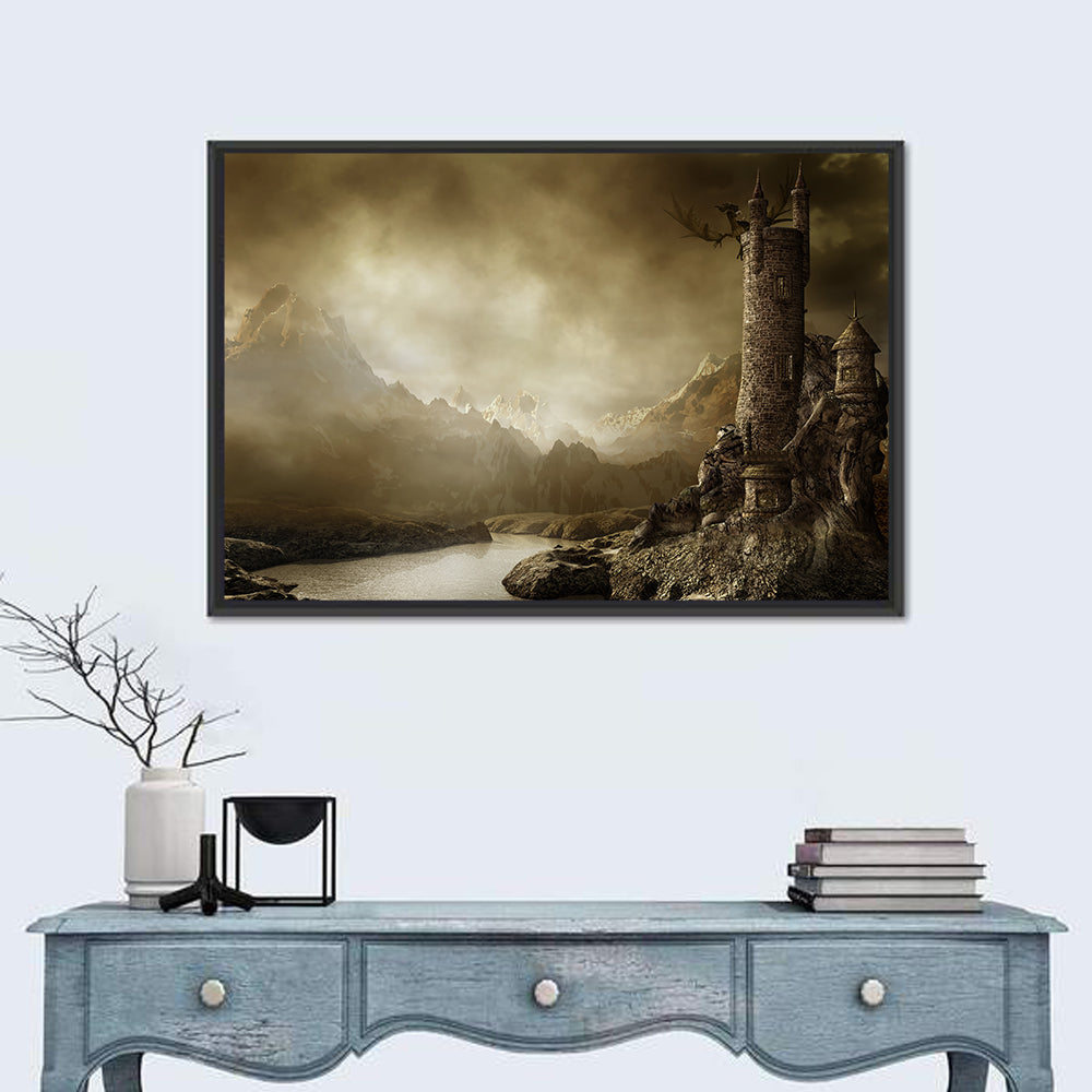 Dragon Perched on Stone Tower Wall Art