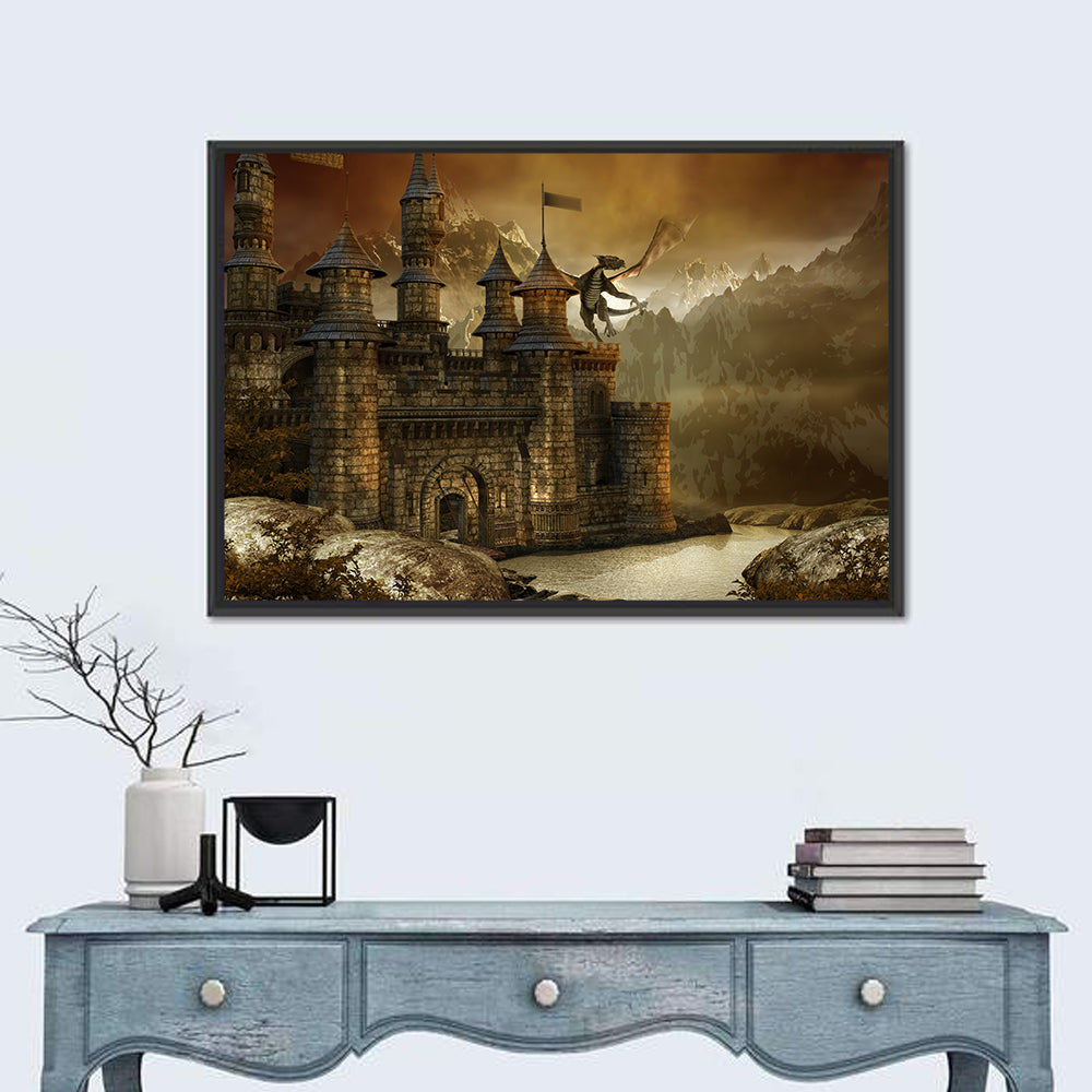 Dragon Over Fairytale Castle Wall Art in a room, landscape