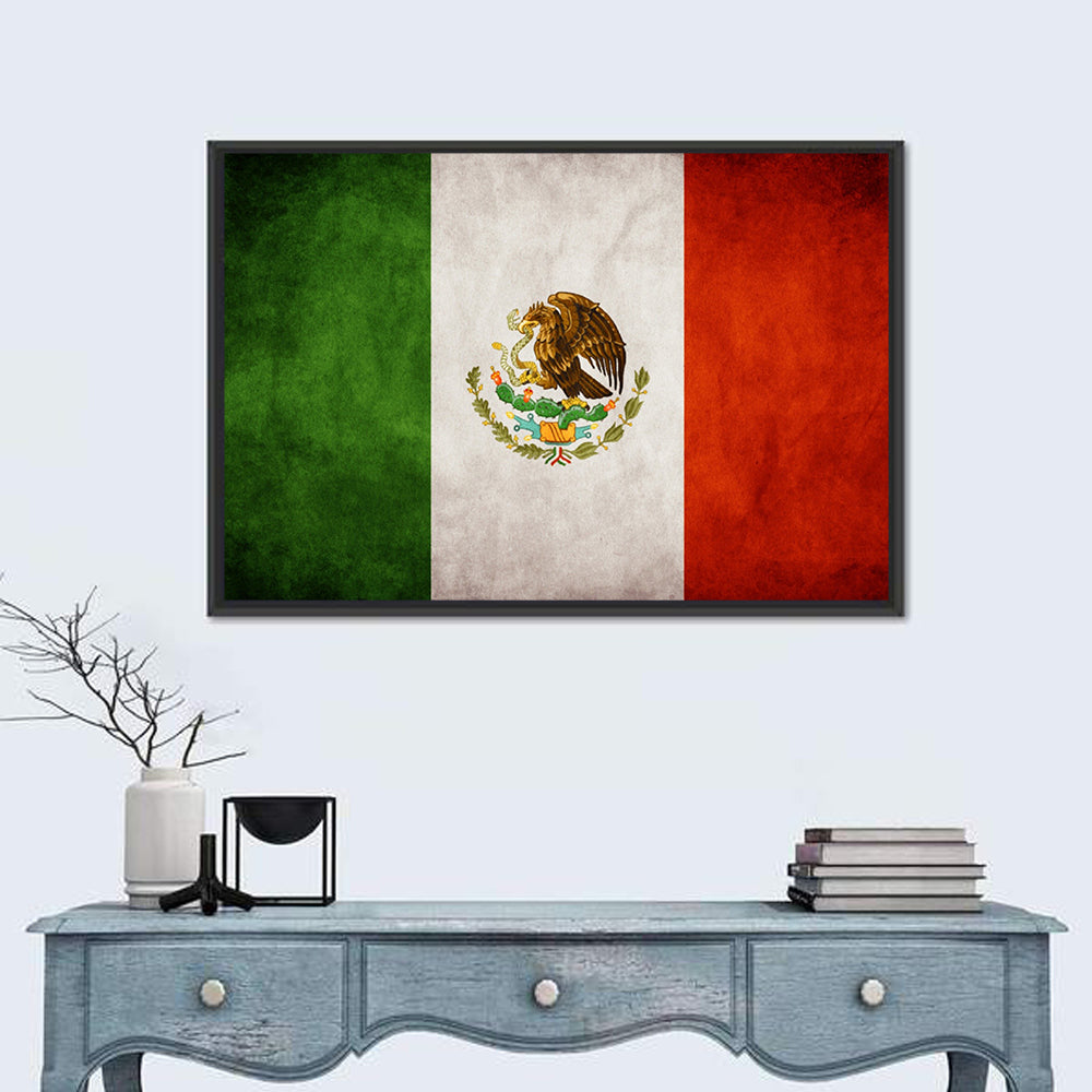 Vintage Mexican Flag Emblem Wall Art in a room, landscape
