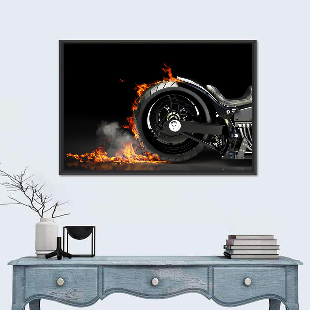 Motorcycle Burnout with Flames Wall Art in a room, landscape