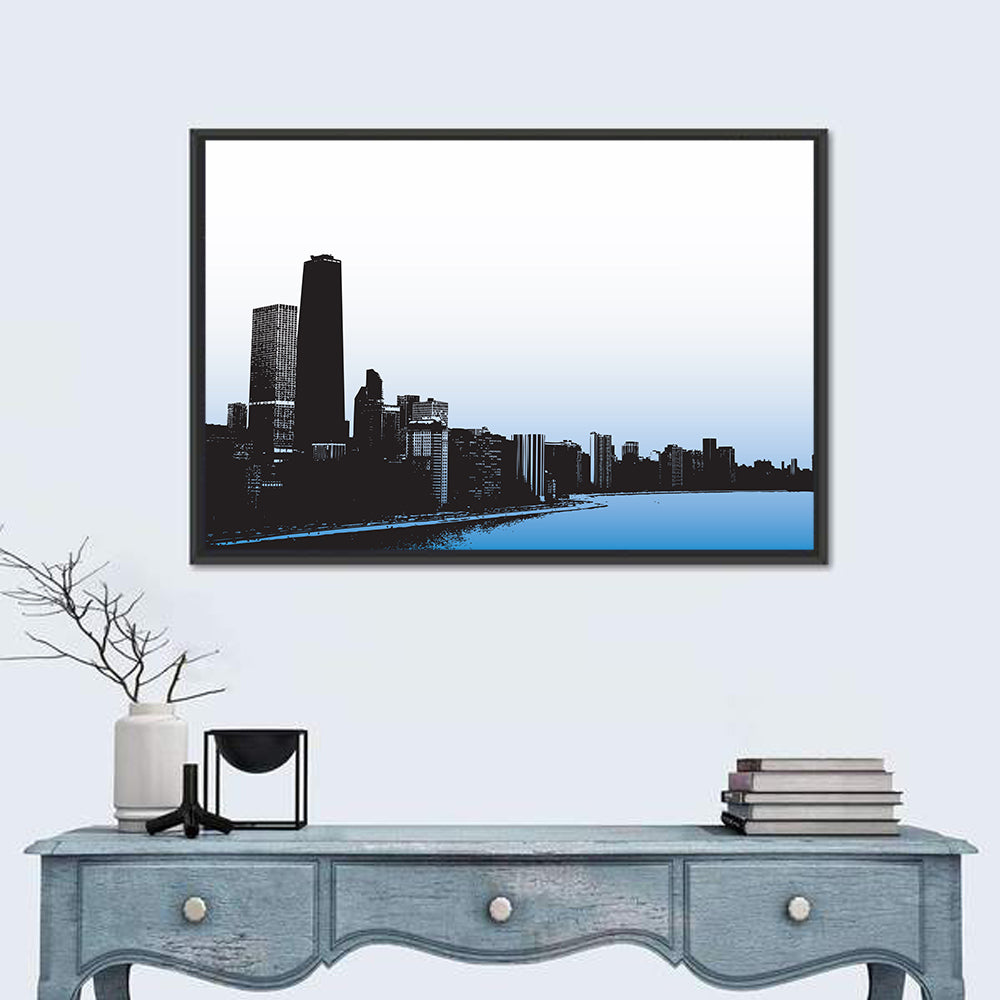 Chicago Skyline Blue Reflection Wall Art in a room, landscape