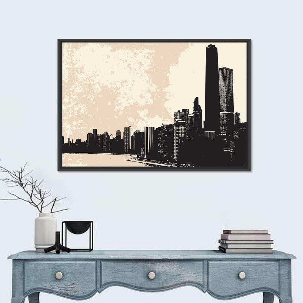 Chicago Skyline Silhouette Wall Art in a room, landscape