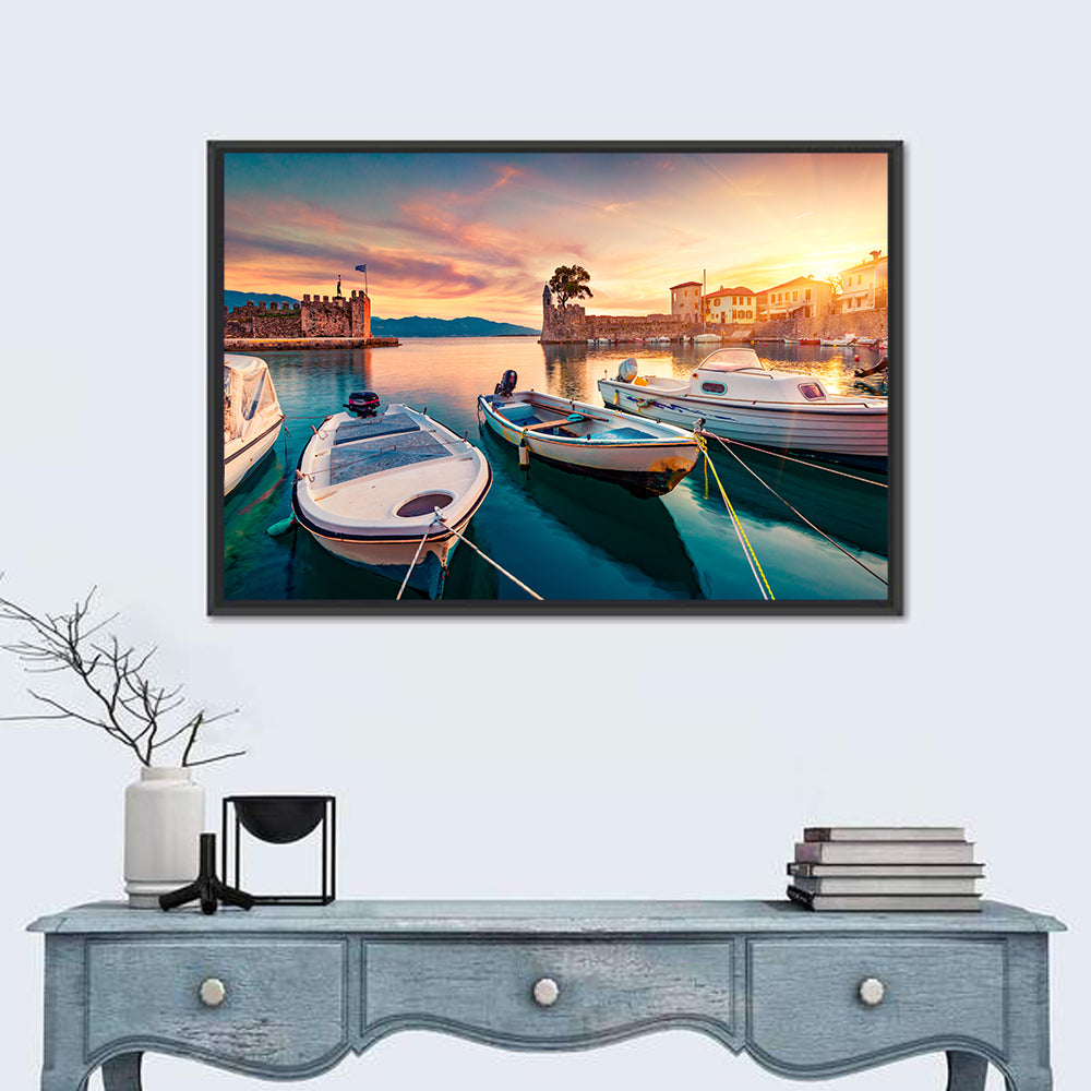 Nafpaktos Harbor at Sunset Wall Art in a room, landscape